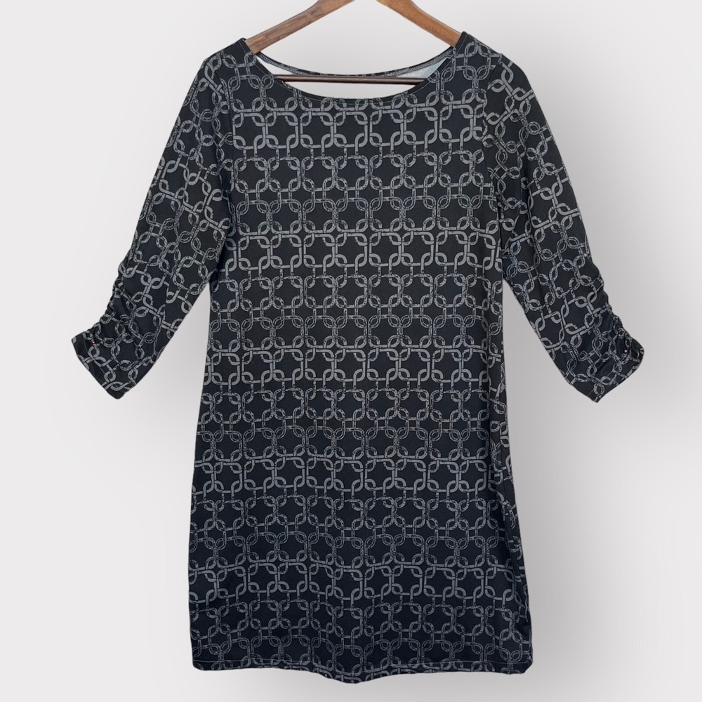 Soybu Shift Dress Womens M Black Gray Geometric Chain Ruched Sleeve Excellent